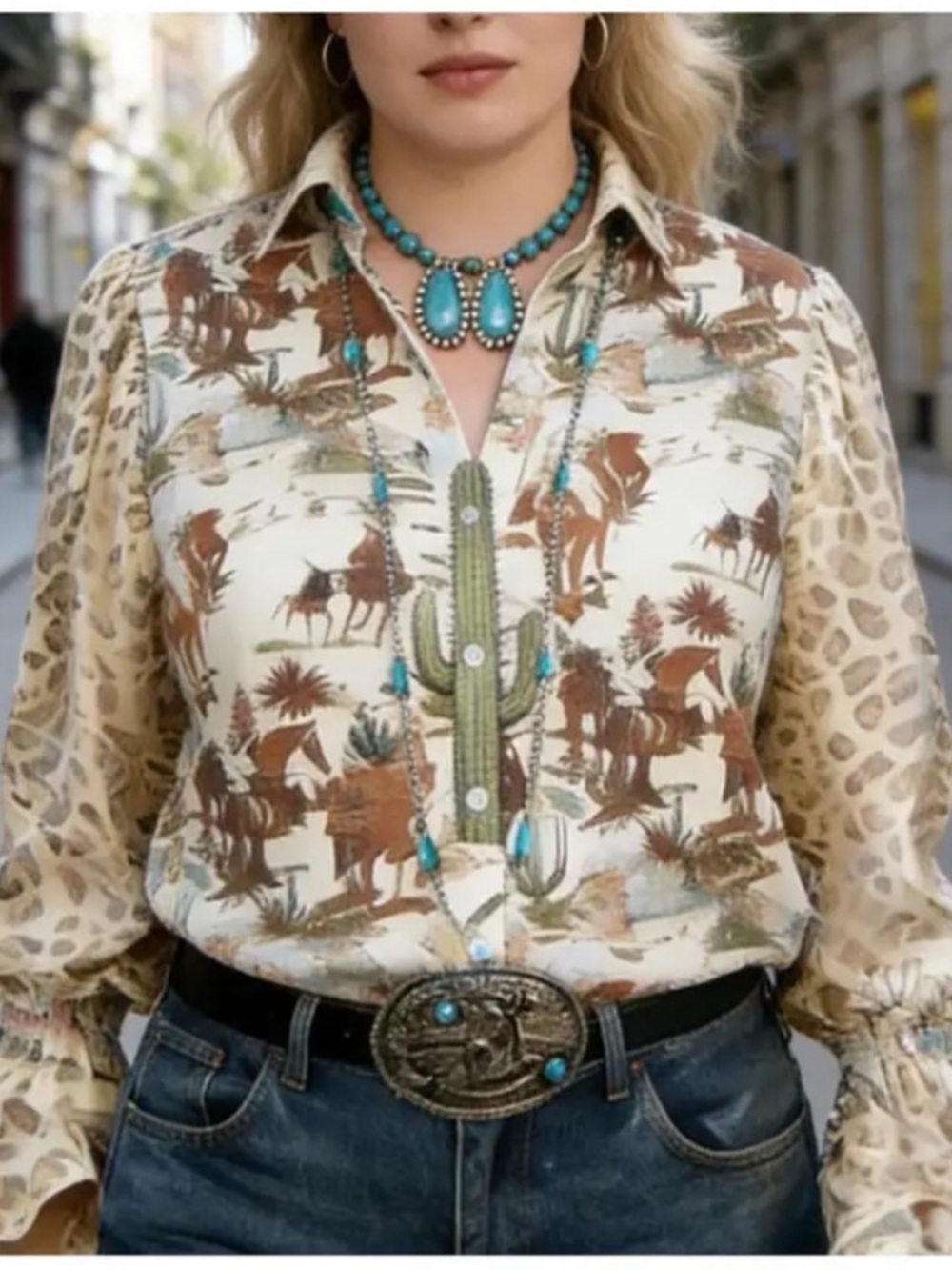 Western Cactus & Horse Print Button-Up Blouse in Cream and Brown - Picture 2 of 7